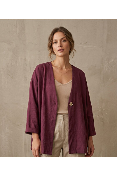 Fasol Mürdüm Renk Modal Düğmeli Kimono Gömlek