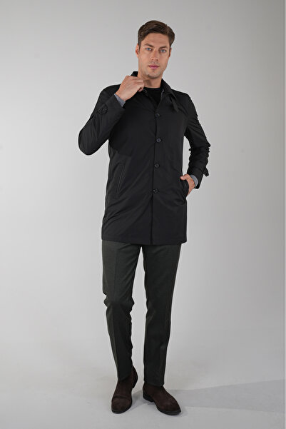 Bisse Siyah Regular Fit Polyester Pardösü Trençkot Pardesü