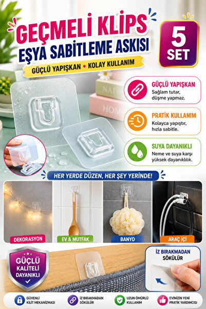 Anadolu Saray Geçmeli Klips Eşya Sabitleme Askısı 5 Set Şeffaf Yapışkanlı Duv...