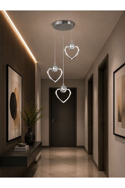 EY-EL TASARIM ÜÇLÜ KALP 3 RENK MODLU KRİSTAL TAŞLI LEDLİ SARKIT AVİZE