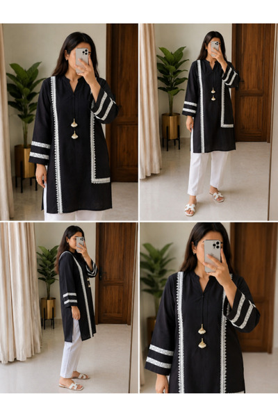 Libas lab - Black Cotton Modest Shirt with White Lace Trim & Tassel Detail