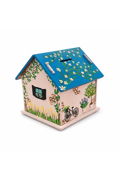 İNCİLİ BAYKUŞ Hand Painted Wooden House Piggy Bank |   Decorative Wooden Money Box |   Flower and Tree Patterned Gift Piggy Bank