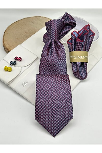 Gutiero Navy Blue Claret Red Patterned Classic Tie with Handkerchief