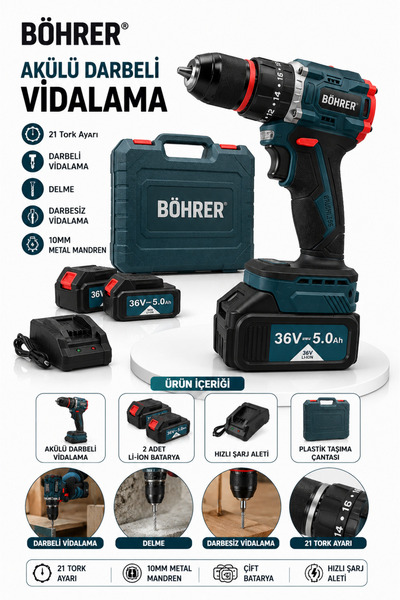 BÖHRER BA011414 10 PİLLİ 2 AKÜLÜ 36V 5AH AKÜLÜ DARBELİ VİDALAMA