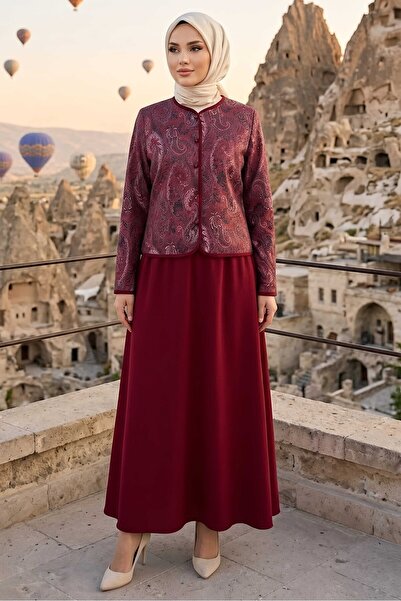 TOFİSA Patterned Jacket Skirt Set Claret Red - 28632-Bordo