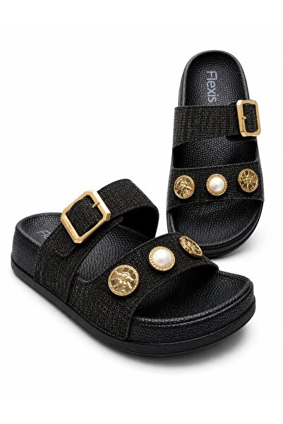 FLEXİS Women's Silvery Single Buckle Orthopedic Sole Daily Slippers - Non-Sli...