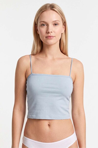 OBJE Women's Fog Blue Lycra Cotton Strapless Tank Top with Cotton Straps