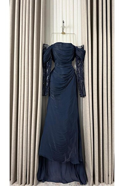 ALTOBAD Long Soft Royal Navy Blue Dress with Sequin Embroidered Tulle Sleeves