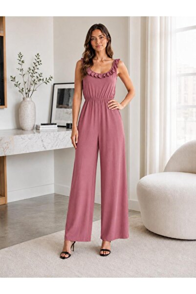 unika boutique Kadın Bürümcük Askılı Fırfırlı Bol Paça Tulum