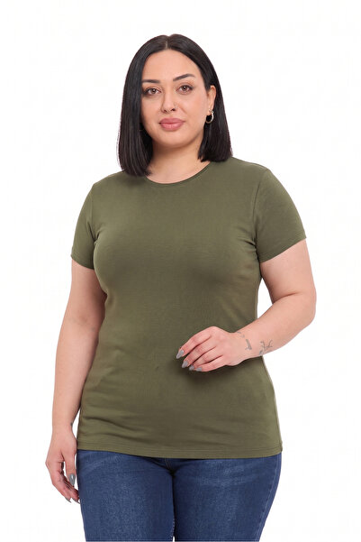 DISENTIS MODEST Plus Size Crew Neck Short Sleeve Viscose Khaki Bodysuit