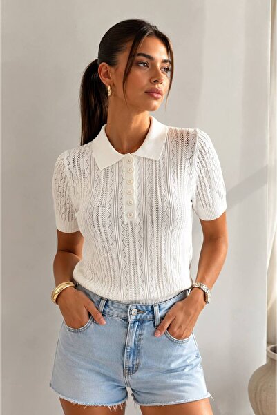 Arbucky Women's Buttoned Polo Collar Openwork Basic Knitwear Blouse