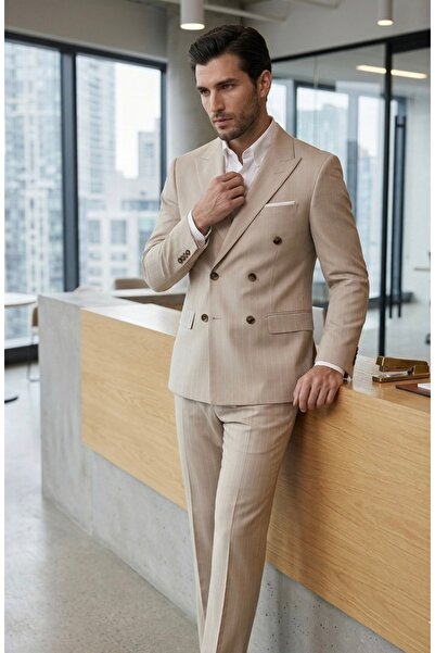 SAVARA Light Beige Striped Double-Breasted Suit
