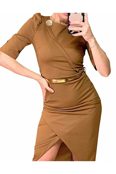 Woman's Fashion Καλοκαιρινό Μίντι Βραδινό Φόρεμα με Διαφάνεια Καφέ