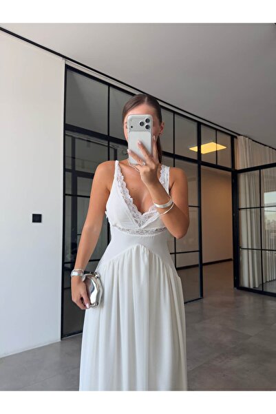 BB Bensu Buyruk Lace-Detail Chiffon Dress Ecru
