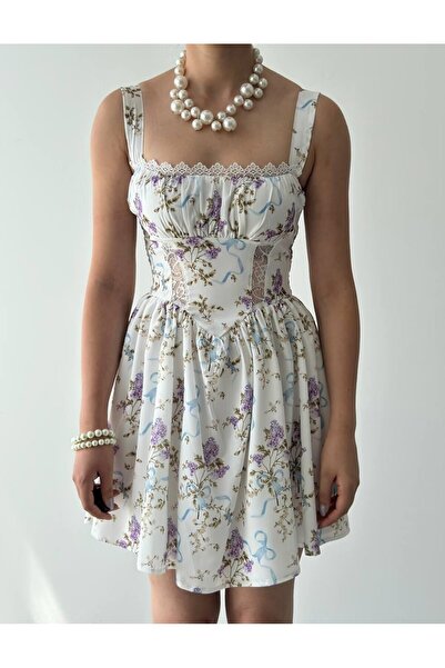 Femistik Women's Thick Strap Corset Detailed Floral Patterned Lace Mini Summe...