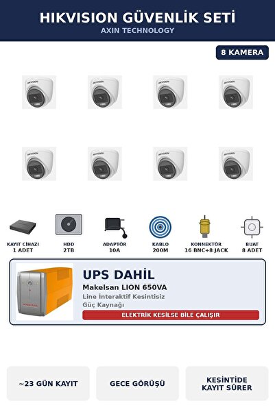 Hikvision 8 Kameralı 2MP UPS'li Güvenlik Kamera Seti ColorVu Gece Renkli 2TB ...