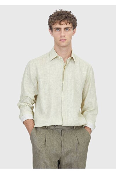 Ramsey Light Green Printed Casual Fit Long Woven Casual 100% Linen Shirt