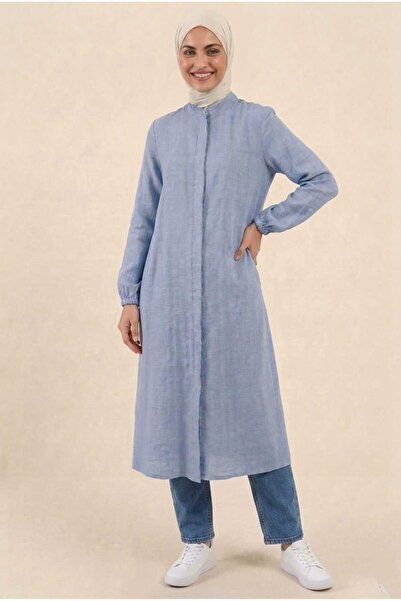 PORİENTO Light Blue 100% Cotton Muslin Fabric Zippered Long Hijab Women's Tun...