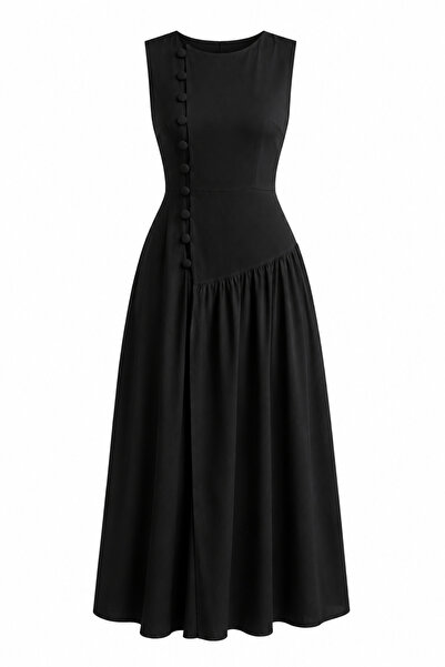HAZELANNA Zero Sleeve Covered Button Detailed Black Dress