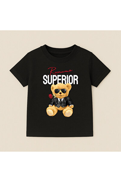 SVART WEAR تي شيرت قطني بأكمام قصيرة وياقة دائرية مطبوع عليه دب للأطفال والمر...