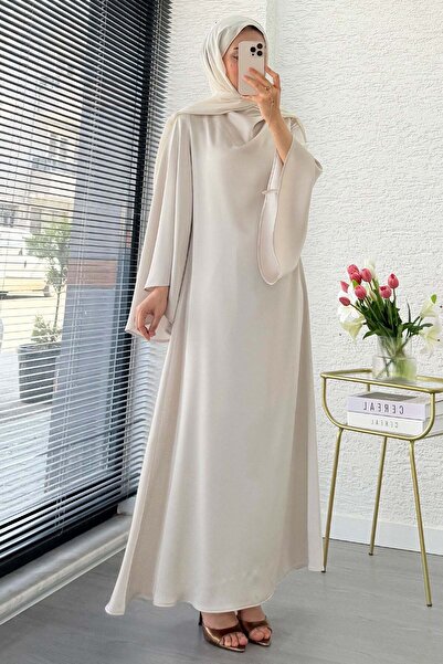 MELEK ARAZ Premium Degaje Collar Double-Sided Satin Dress - Stone