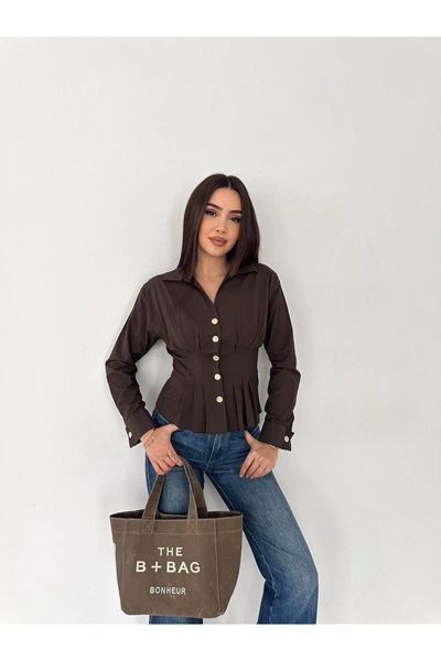 Jöns Butik قميص نسائي أزرق بخصر مرتفع - قميص أنيق بأزرار ذهبية