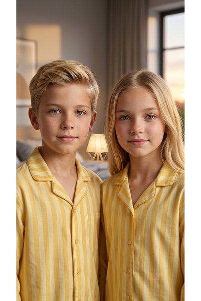 Enie Girls and Boys Yellow Cotton Striped Long Sleeve Pajama Set + Eye Patch