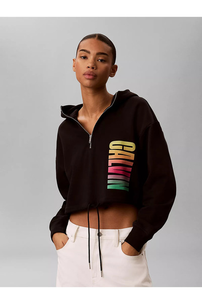 Calvin Klein Women's Comfortable Fit Half Zipper Hooded Long Sleeve Crop Blac...