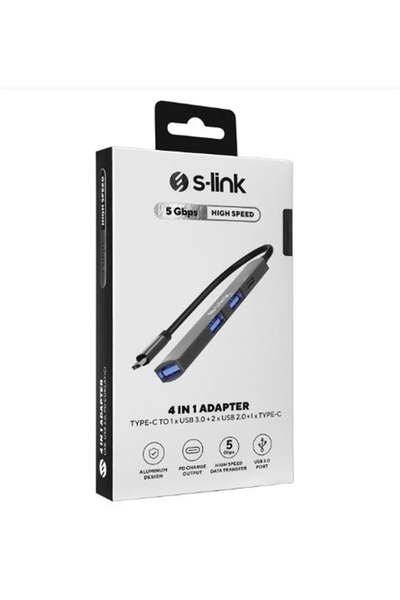 S-LINK SWV-USBC023 4 in 1 Gri Metal TypeC to 2-USB2.0 USB 3.0, PD Type C Adaptör