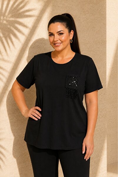 FOR ESRA BIG TREND Women's Plus Size Pocket Appliqué Stone and Tassel Detail ...