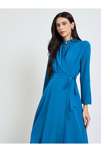 Styli Blue Long Sleeves Wrap Midi Dress