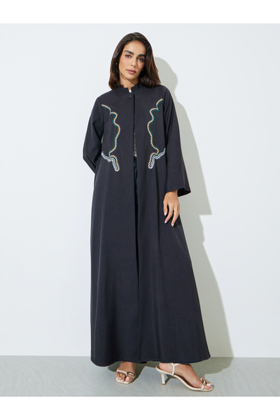 Amirah By Styli Black Stand Collar Abaya with Embroidery