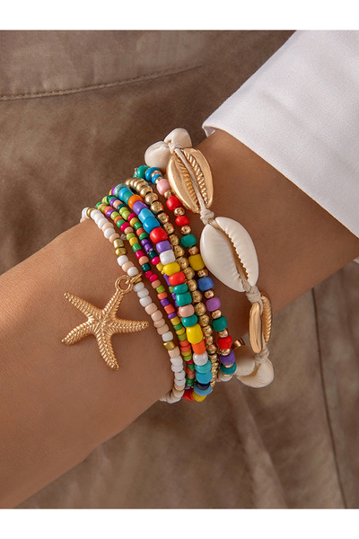 Take Two By Styli Women Colorful Beaded Bracelet Stack with Starfish Charm