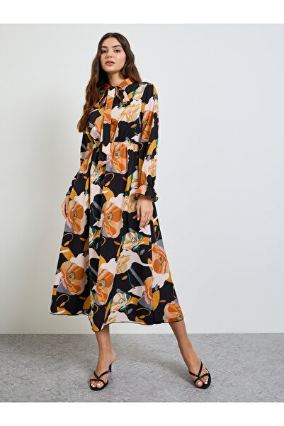 Take Two By Styli Multi Tie-Up Neck A-Line Midi Dress