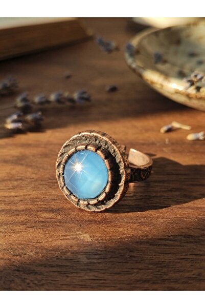 Meneva Aksesuar Blue Cat's Eye Stone Handcrafted Copper Framed Adjustable Ring
