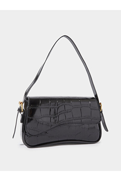 Styli Black Textured Flap Shoulder Bag