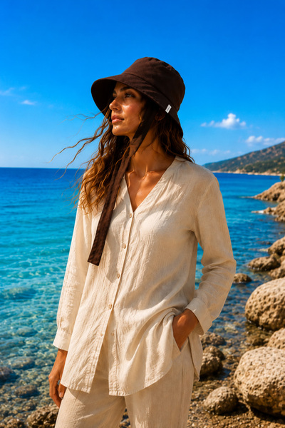 Marina Swimwear Cotton Tie-Up Bucket Hat Brown |   Ps2601-5