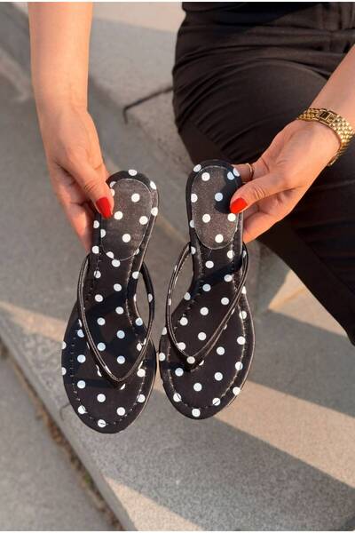 I Love Shoes Arlene Black Polka Dot Satin Women's Heeled Flip Flops