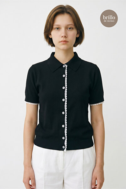 Bisou Polo Collar Short Sleeve Lace Detailed Knitted Cardigan