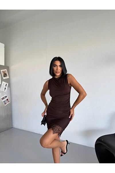 Cool & Sexy Skirt with Lace Detail Sandy Fabric Dress Brown