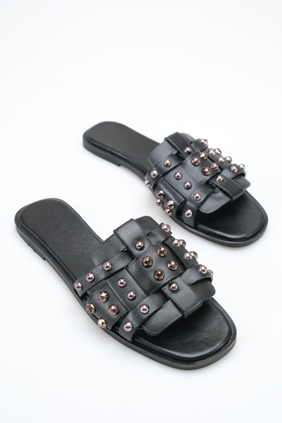 Ayakkabı Delisiyim Black Leather Women's Slippers with Metal Buckle Accessori...