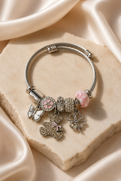 PABALAS Women's Silver Color Steel Charm Bracelet with Butterfly Teddy Bear C...