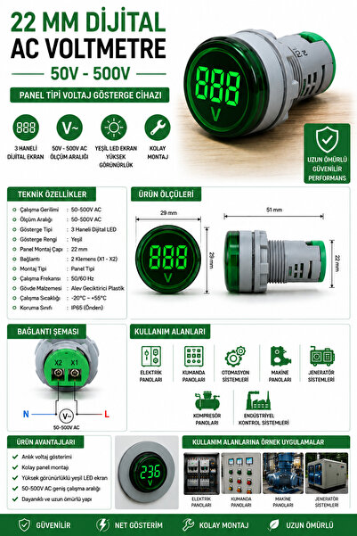 TIANYI DİJİTAL VOLTMETRE AC 50V-500V - YEŞİL