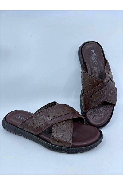 Papuccu Brown Men's Genuine Leather Slippers