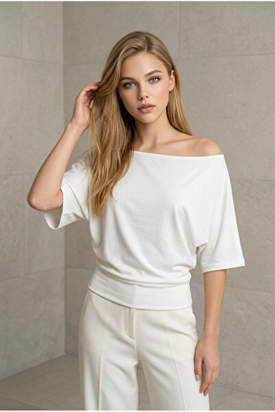 oyagüler Women's White Boat Neck Japanese Short Sleeve Belted Blazer Yy101417