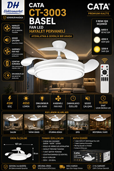 DHELEKTROMARKET CATA CT-3003 Basel Fan LED Tavan Armatürü Kumandalı Hayalet P...