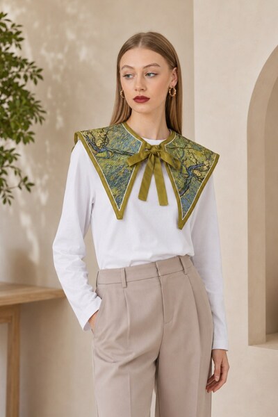 GIA - ART Tricou de damă cu mânecă lungă Olive Blossom, alb, cu accesorii pen...