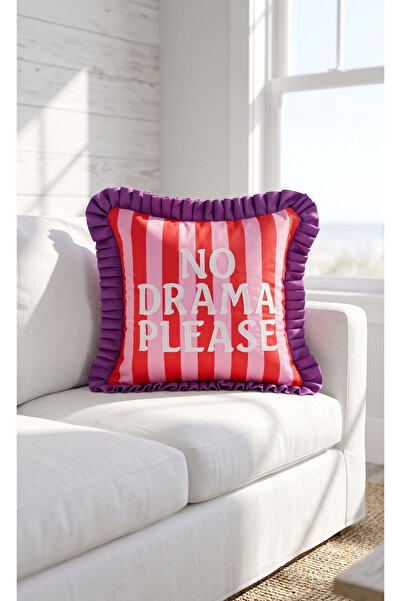 BUGİ HOME COLLECTİON No Drama Please Printed Suede Ruffled Pillow Cushion Cov...