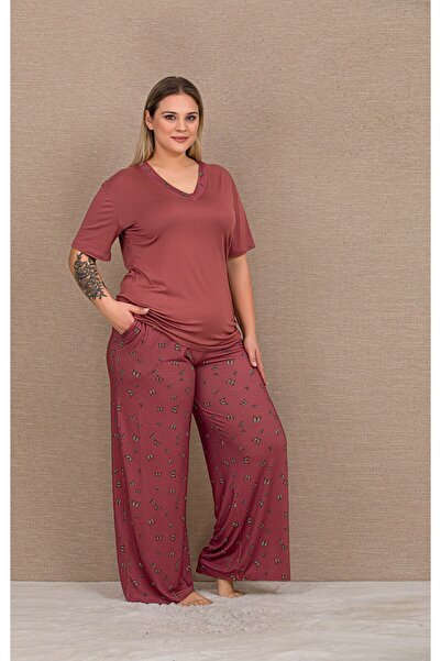 Generic Brand Burgundy Butterfly Patterned Oversized V-Neck Short Sleeve Paja...
