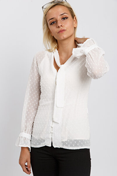 FIRST STYLE Elegant White Turkish Blouse with a Tie Neck for a Professional L...